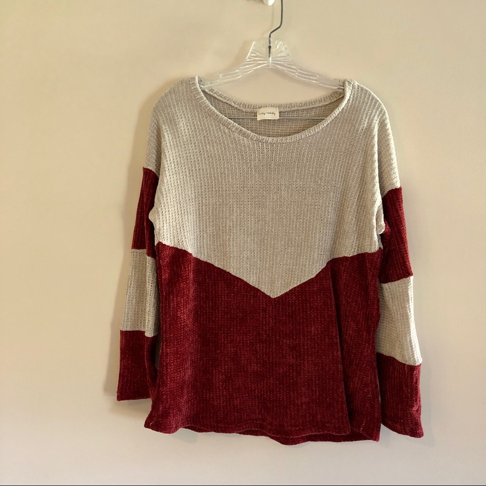 Lovely Melody Maroon and Gray Colorblocked Chenille Sweater